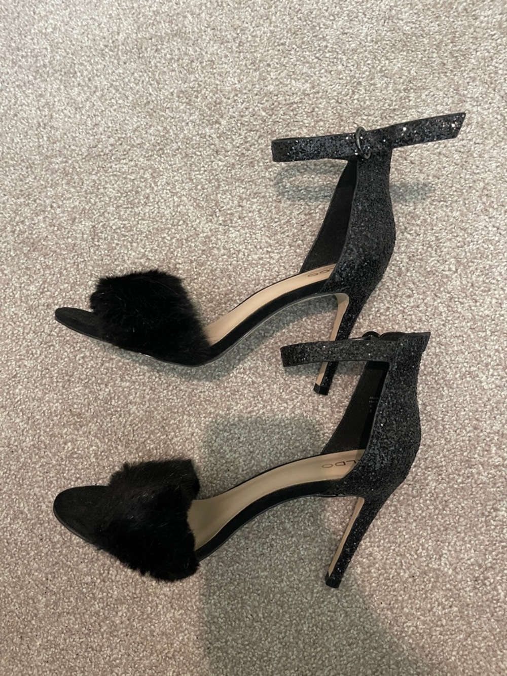 ALDO Black Faux-Fur & Glitter Ankle Strap Heels